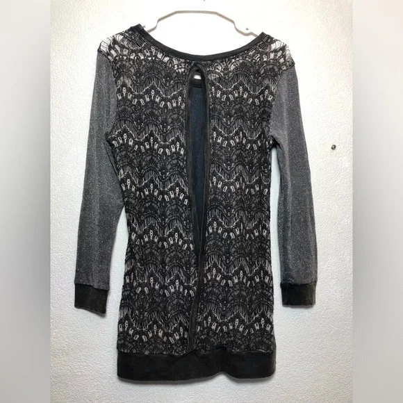 Crash & Burn Shimmering Charcoal Blouse with Lace Accents - Picture 2 of 9